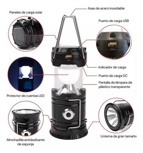 Lámpara Linterna Farol Camping Solar Con Powerbank Led Usb Negro