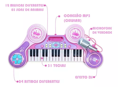 PIANO TECLADO ROSA INFANTIL + MICROFONE + BANQUINHO - MC4215