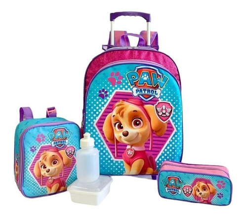 Kit Mochila Patrulha Canina Skye Rodinhas Tam M Glitter F5