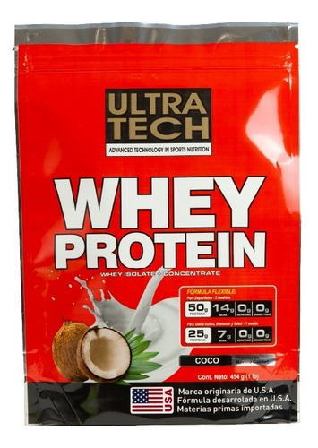 Whey Protein Ultra Tech X 454 G Proteína De Suero En Alta Concentración Suplemento Para Masa Muscular Sabor Coco