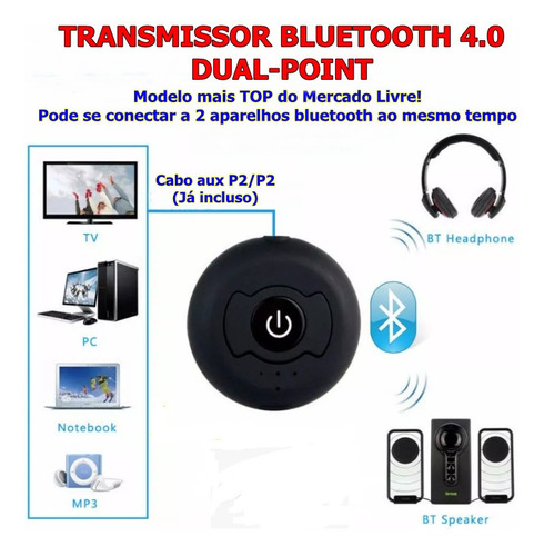 Transmissor Bluetooth Audio Stereo P2 Conecta 2 Fones