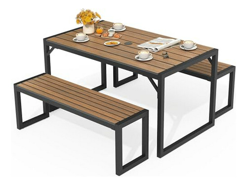 Mesa Y Banco De Jardín  Con Imitación De Madera, Set De Come