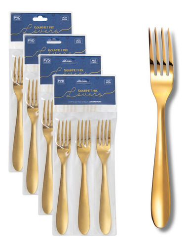 Kit 12 Garfo De Mesa Aço Inox Dourado Lovers Gourmet Mix