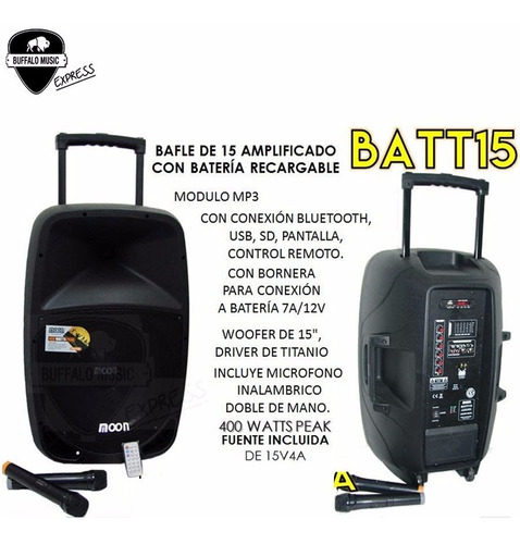 Bafle Activo Moon Batt15 Bateria Recargable Microfono Uhf