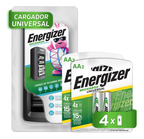 Cargador Universal Pilas Energizer + 4 Pilas Recargables Aa de 2000 Mah 1.2v