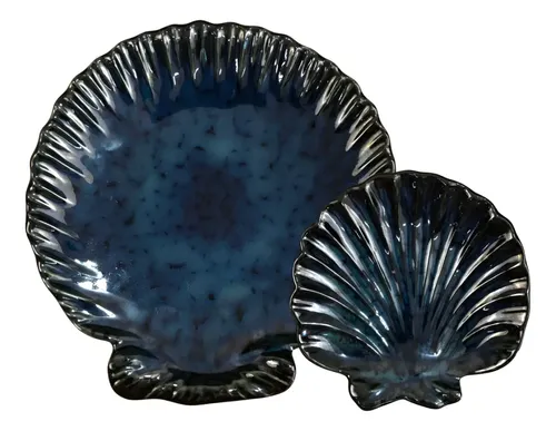 Prato Raso E Sobremesa Ocean Concha Ceramica Scalla 12 Pçs - Azul ...