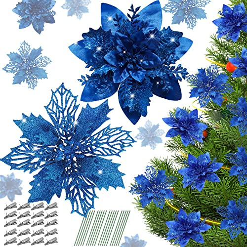 20 Piezas De Flores De Pascua Azules Árbol De Navidad,...