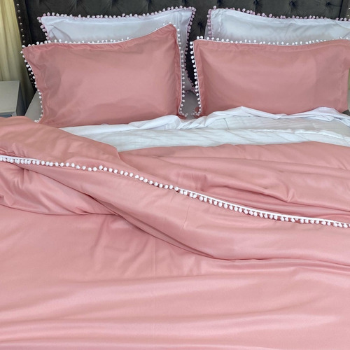 Funda Para Plumón Tipo Duvet King Rosa Con Borlas Blancas