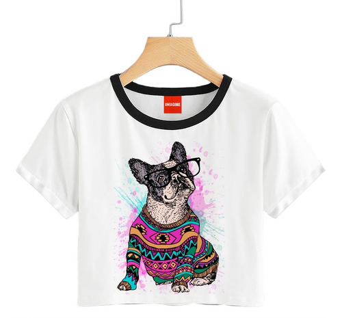 Blusa Perro Pug Sueter Lentes Dama Playera Crop #734