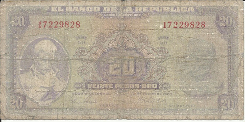 Colombia 20 Pesos Oro 2 Enero 1963