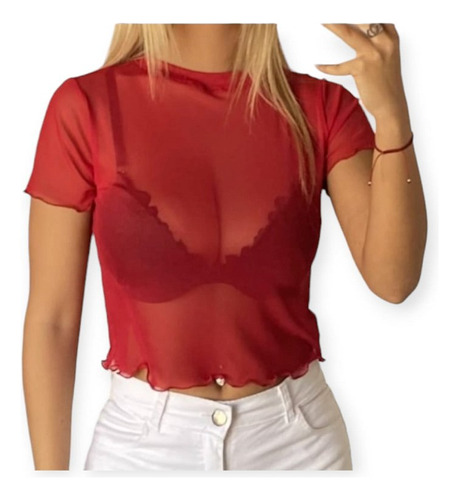 Crop O Top De Tul Transparente Manga Corta Super Sexy