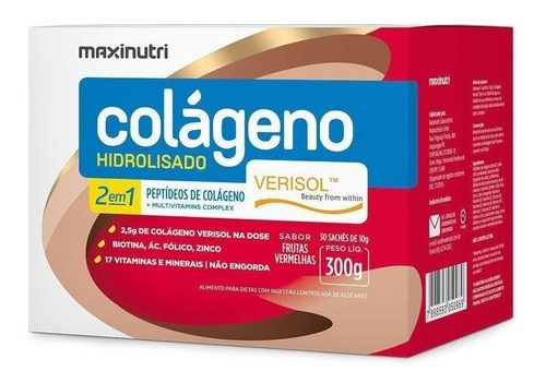 Suplemento em pó Maxinutri Colágeno Hidrolisado + Q10 Verisol Sabor Frutas vermelhas em caixa de 300g Nova Fórmula - 30 un