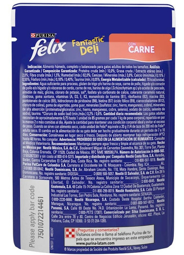 Imagen 2 de 2 de Sobre Purina Felix Fantastic Deli Gato Adulto Carne 85g