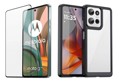 Funda Acrílico + Templado Compatible Con Motorola G75 Transparente Con Bordes Negros Hard Clear Case