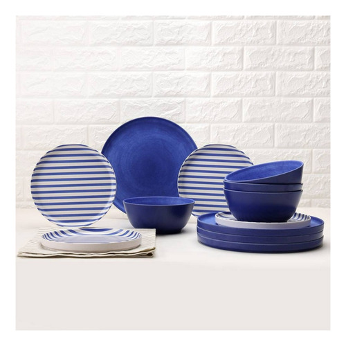 Vajilla De Platos De Bambú 12 Pzas Libre De Bpa Color Azul