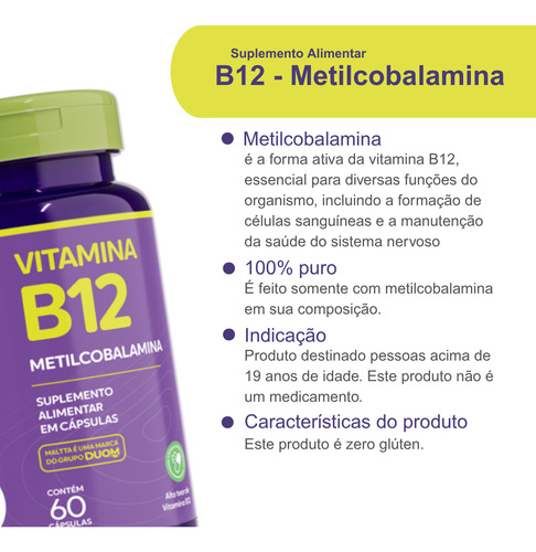 Vitamina B12 Metilcobalamina 60 Cápsulas Duom Original Pura