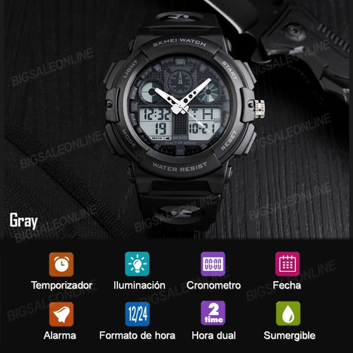 Reloj pulsera Skmei 1270 de cuerpo color negro, analógico-digital, para hombre, fondo negro, con correa de poliuretano color negro, agujas color gris y blanco, dial gris, subesferas color gris y negro, minutero/segundero gris, bisel color negro, luz celeste y hebilla simple