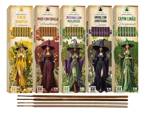 Kit 5 Incensos Linha Mística Das Bruxas - Sem Carvão Vila Zen 50 varetas