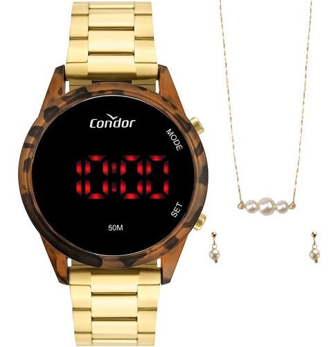 Relógio Digital Condor Feminino Dourado Com Semi Jóias Cor do bisel Marrom Cor do fundo Preto