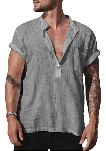 Camiseta Hombre Cuello En V Camisa Algodón Lino Manga Corta