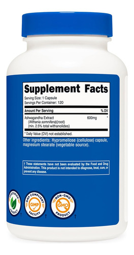 Suplemento De Ashwagandha 600 Mg Vegetariano Sin Omg