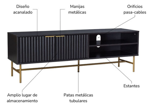 Mueble Rack De Tv Acanalado Top Living Relan Queens Centro de Entretenimiento Con Puertas Color Negro y Dorado