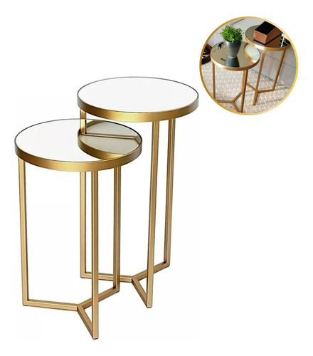 Mesa Lateral Conjunto Com 2 Tampo Espelho Decoração Luxo