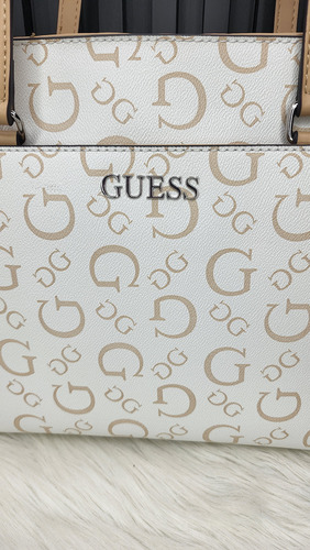 Bolsa Guess Hh948127 Nueva 100 % Original Con Etiqueta Blanco Estampado Níquel Beige