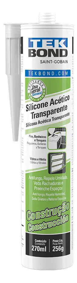 Silicone Acético Transparente Adesivo Selagem Pias Vasos Box Banheiros Portas Janelas Tek Bond 270ml