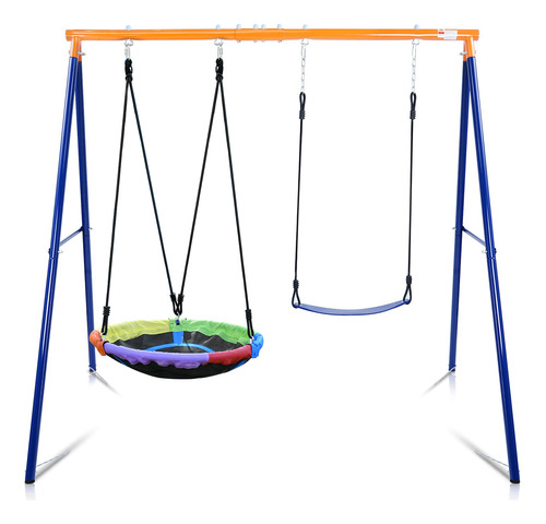 Juego De Columpio Para Patio Trasero Con Soporte Resistente Azul, Naranja