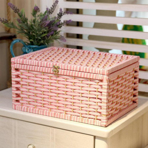Cesta De Armazenamento Com Tampa Organizadora Caixa Rosa