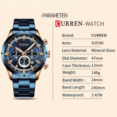 Relógio de pulso Curren Curren 8355 Business com corpo azul,  analógico, para masculino, com correia de aço inoxidável cor, bisel cor branco e preto e fivela de liberação