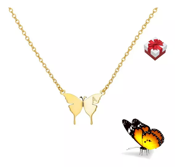 Collar Mujer De Mariposa Con Dije Inicial Letra Baño Oro