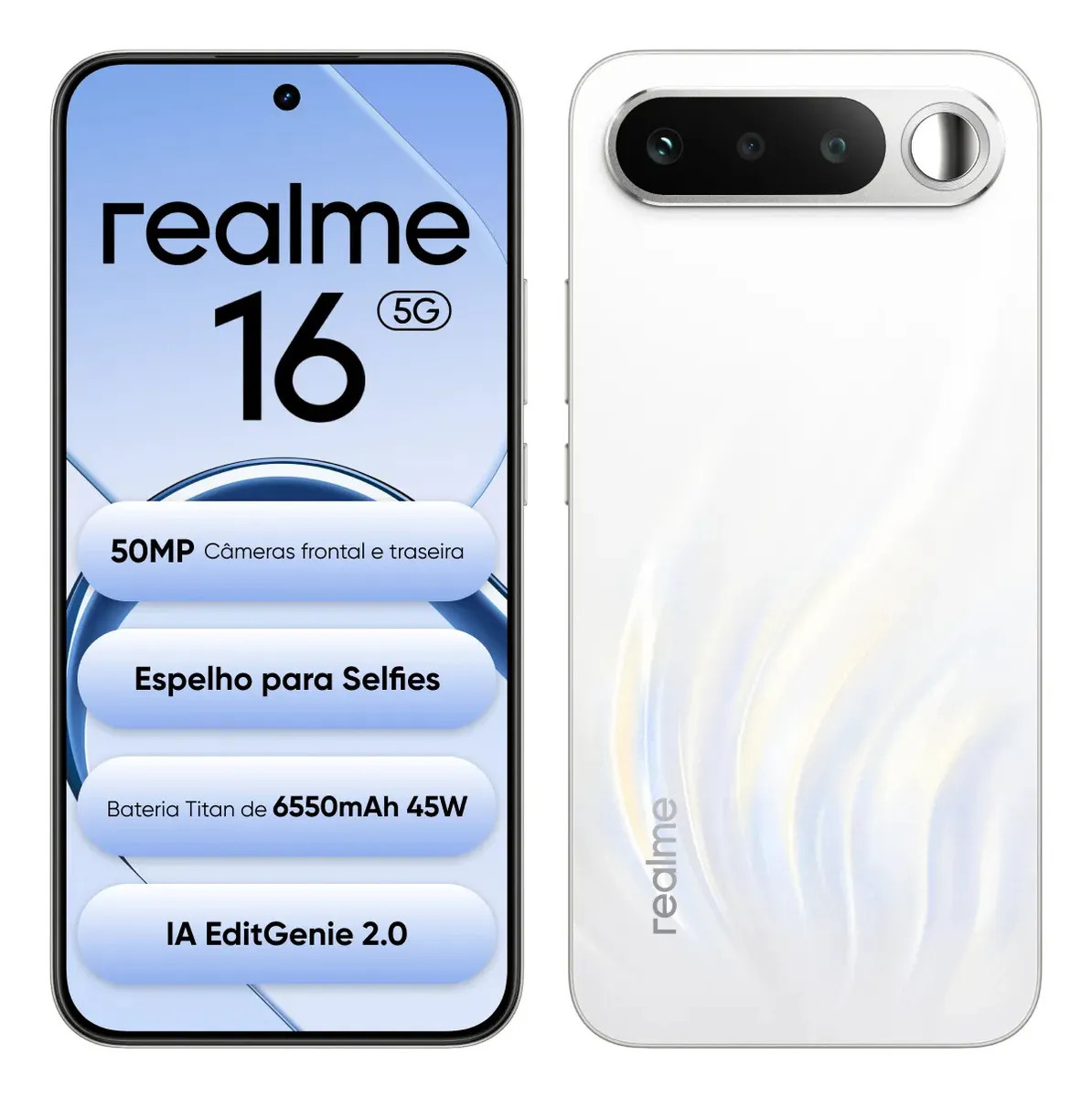 Smartphone Celular Realme 16 5g 256gb 12gb Ram Dual Sim Câmera De 50mp Lumacolor Image Espelho para Selfies Bateria 6550mah, Resistência à água Ip69 Pro, 4200nit Amoled Branco