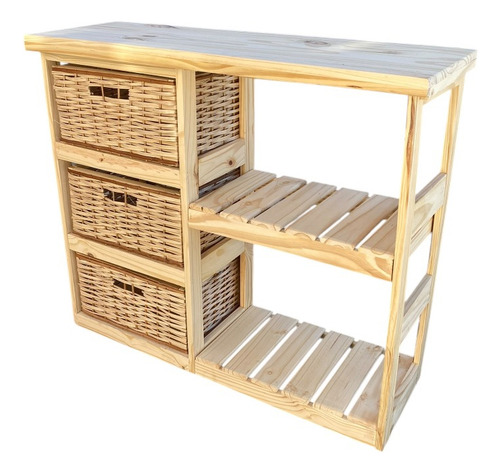 Organizador Canastero 3 Cajones Mimbre Natural + 2 Estantes Pino