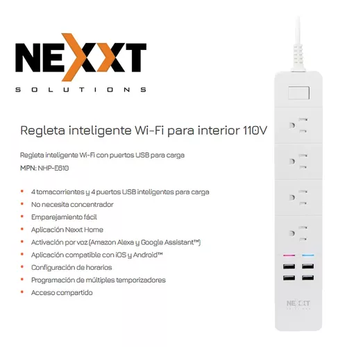 Regleta Inteligente Nexxt Wifi Alexa Google, 4 Tomas + 4 Usb