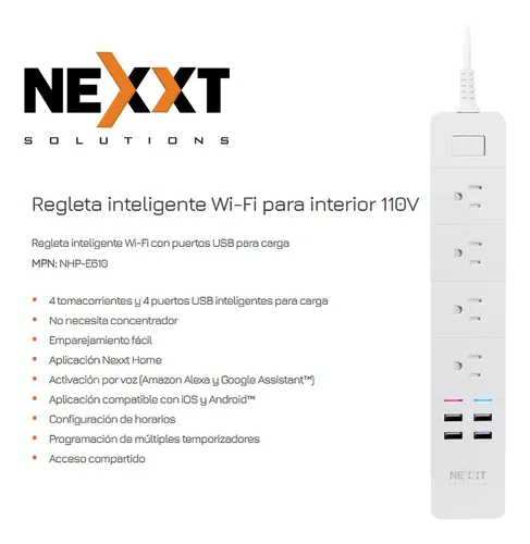 Regleta Inteligente Nexxt Wifi Alexa Google, 4 Tomas + 4 Usb