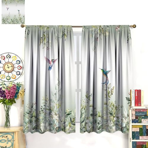 Cortina Floral De Eucalipto Con Colibrí Blanco Y Verde, Hoja
