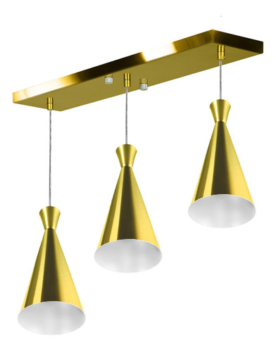 Lustre Pendente Funil Triplo Base Retangular Dourado