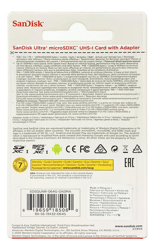 Tarjeta De Memoria Sandisk Ultra 64gb Microsdxc Class 10 Con