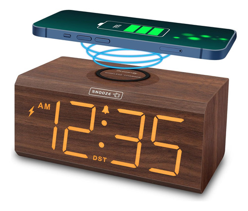 Alarm Clock With Wireless Charging - Wooden Digital Clock Fo