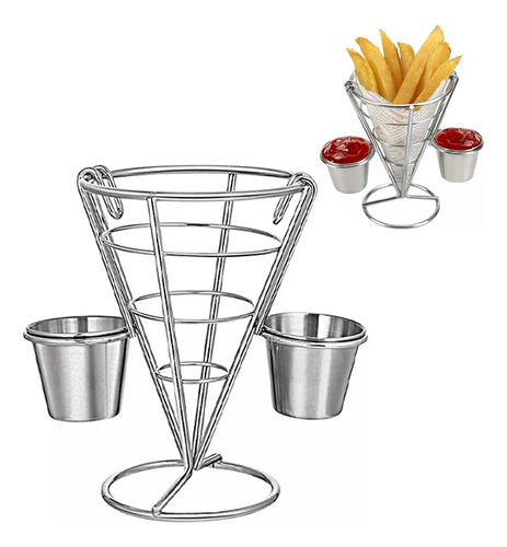 Cono Soporte Papas Fritas Y Botana Acero Inoxidable 2 Dips