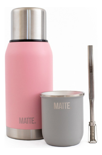 Set Termo Matte Pink 750cc + Mate Steel + Bombilla 