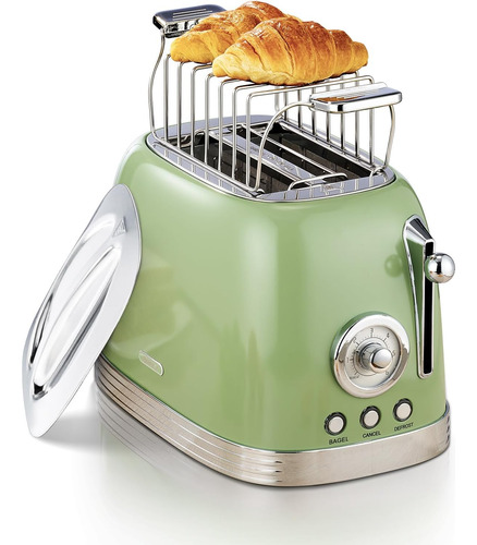 Tostadora Retro 2 Rebanadas, Verde Con Tapa De Acero Inox