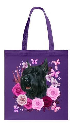 Bolsa De Tela De Algodón. Modelo Schnauzer Con Flores.