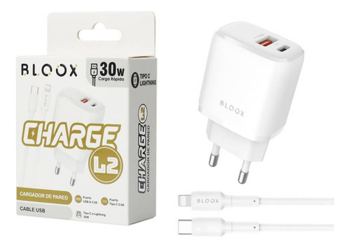 Cargador Bloox 30w + Cable Usbc A iPhone Dimm Color Blanco