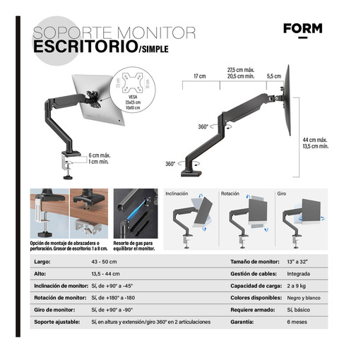 Soporte Monitor Escritorio Simple Negro Form