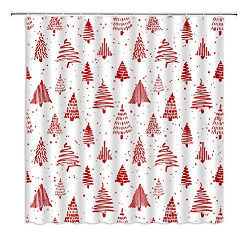 Merry Christmas Shower Curtain Xmas Tree Polka Dots Pine Wi