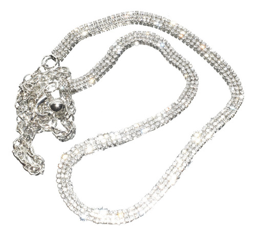 Cinto Cadena Tresher Metálico Fiesta Tres Líneas De Strass Plateado Liso Con Strass Único
