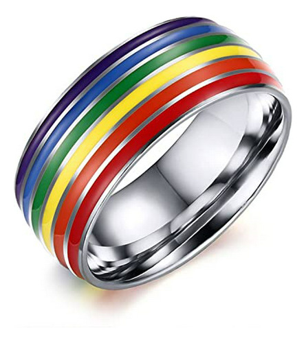 Anillo Arcoíris Acero Esmalte 8mm Lgbtq+ Boda